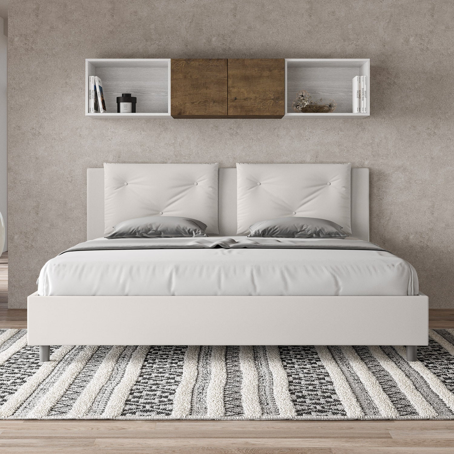 BS COM Letto matrimoniale king size senza rete imbottito 200x210 similpelle bianco