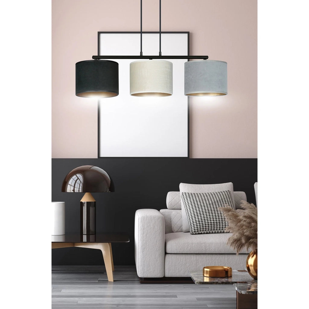 Lampadario 3 Luci Ganesha In Acciaio Nero E Paralumi In Tessuto Multicolore