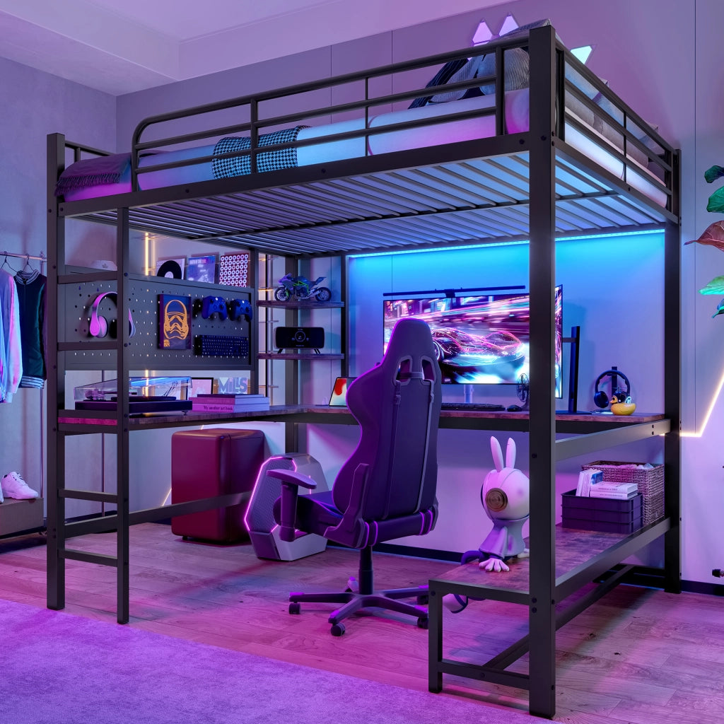 Letto a castello nero in metallo con scrivania led usb-c 140x200 cm