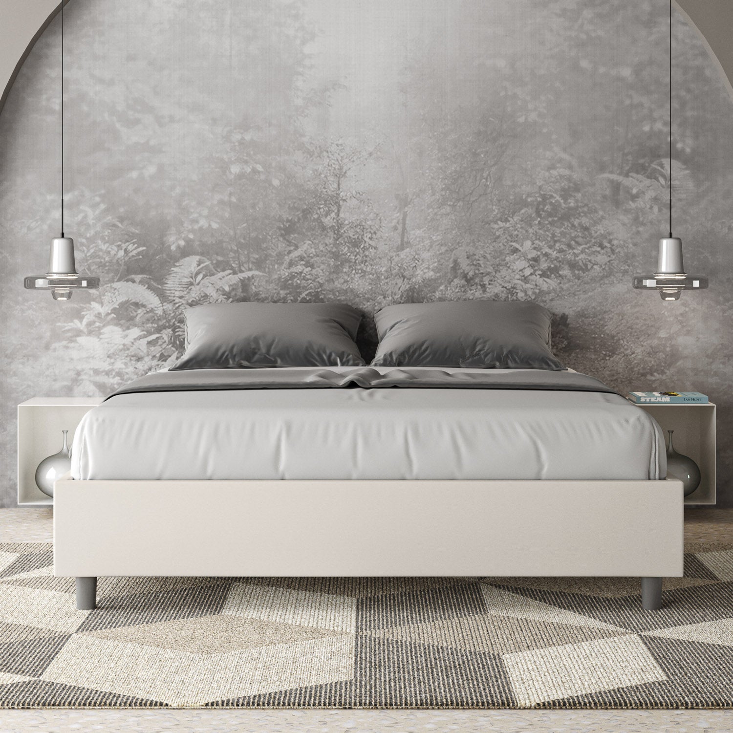 BS COM Letto matrimoniale contenitore doppia alzata imbottito 160x190 similpelle bianco