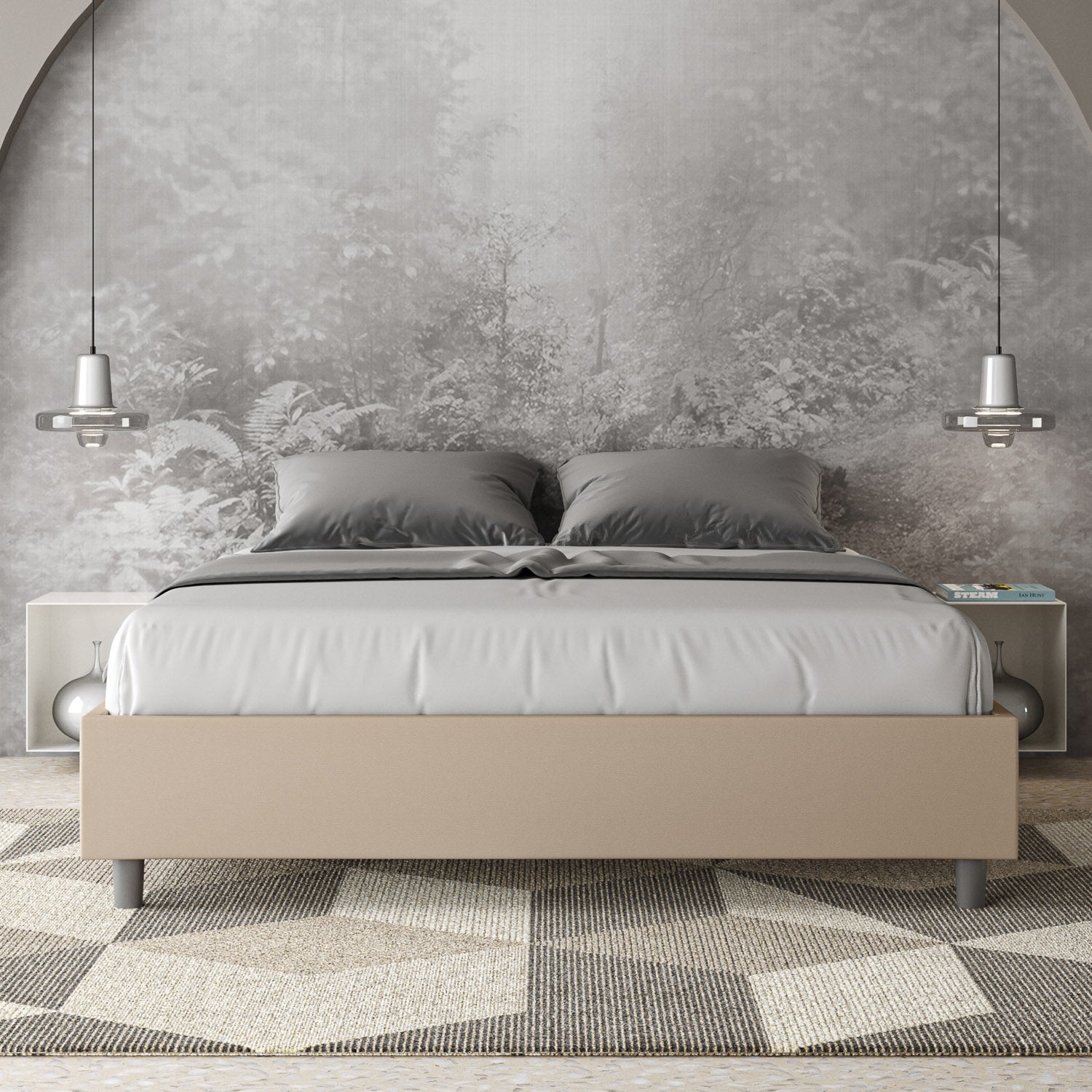 BS COM Letto matrimoniale senza rete imbottito 160x200 similpelle tortora