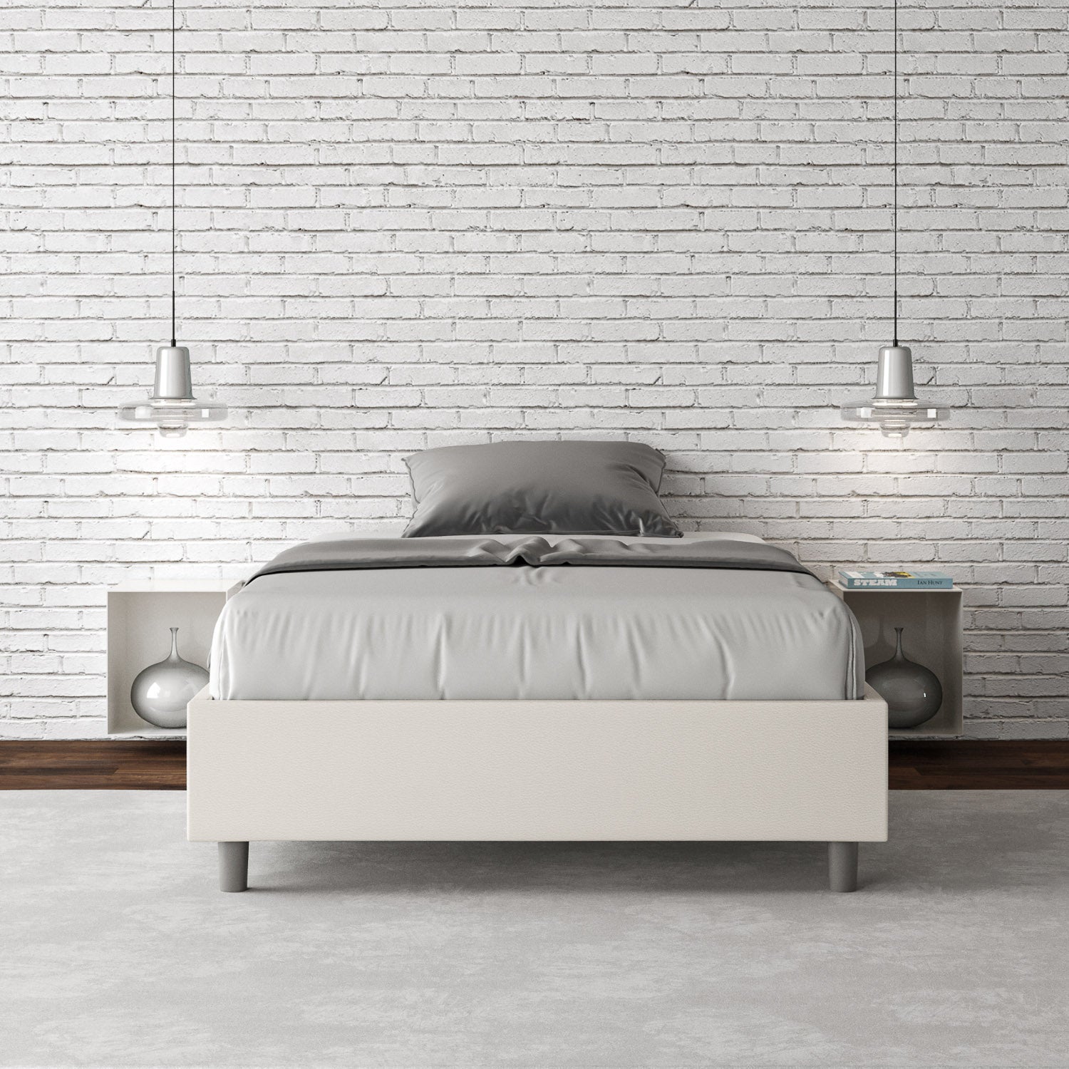 BS COM Letto una piazza e mezza senza rete imbottito 120x210 similpelle bianco