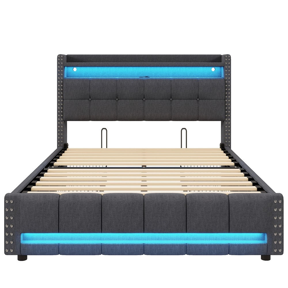 Letto Imbottito Contenitore con LED e USB ¨C MINIMAL ¨C Tessuto Grigio, 4 Cassetti, 160x200