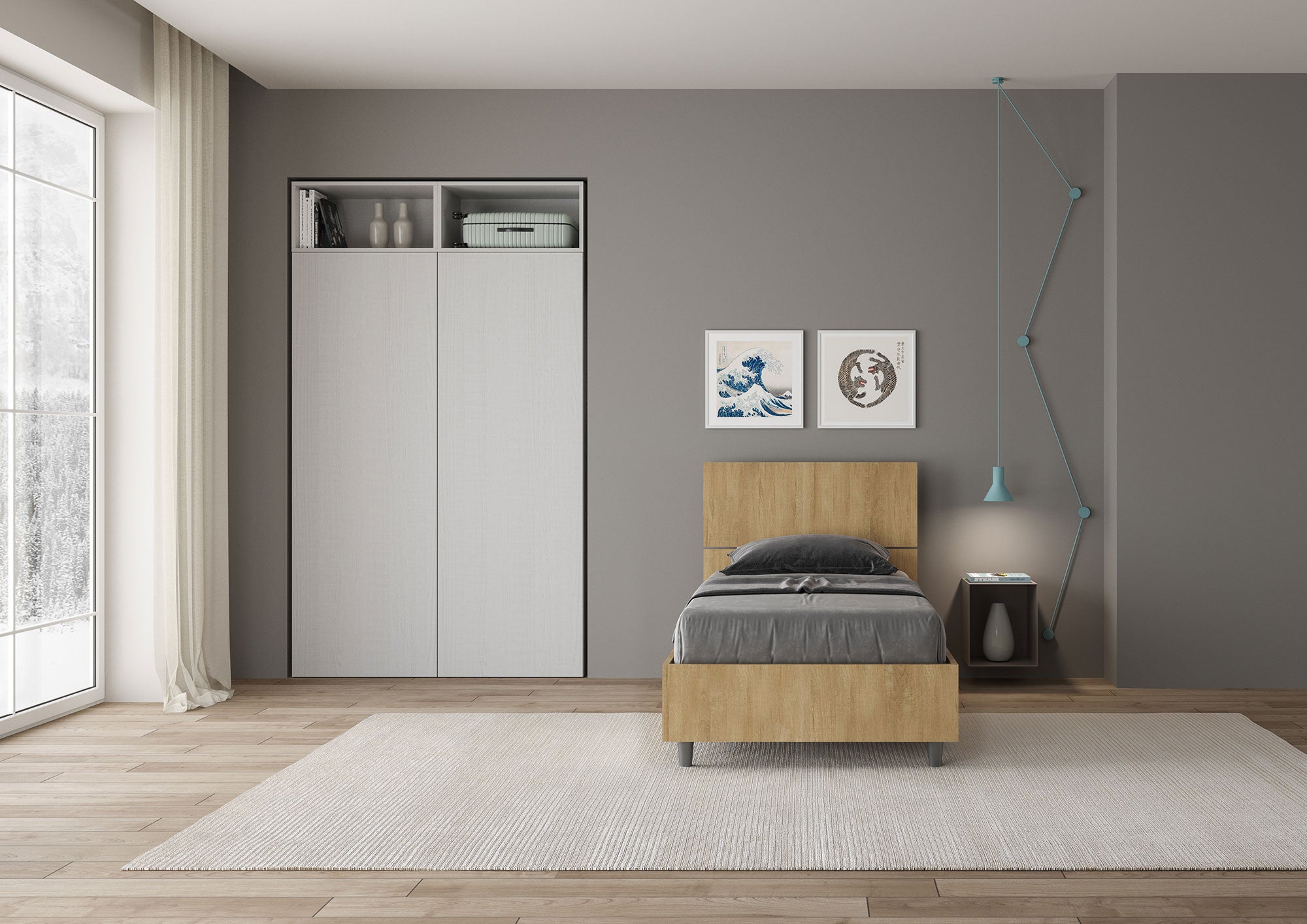 BS COM Letto singolo con rete 80x190 testata dritta quercia