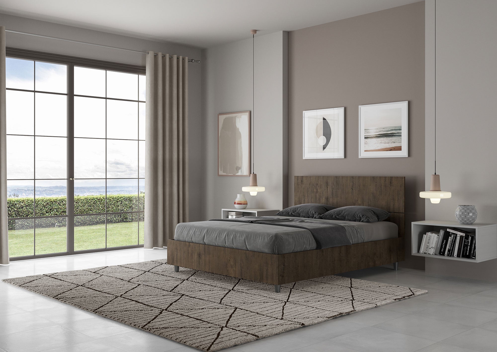 BS COM Letto matrimoniale francese contenitore 140x190 testata dritta noce