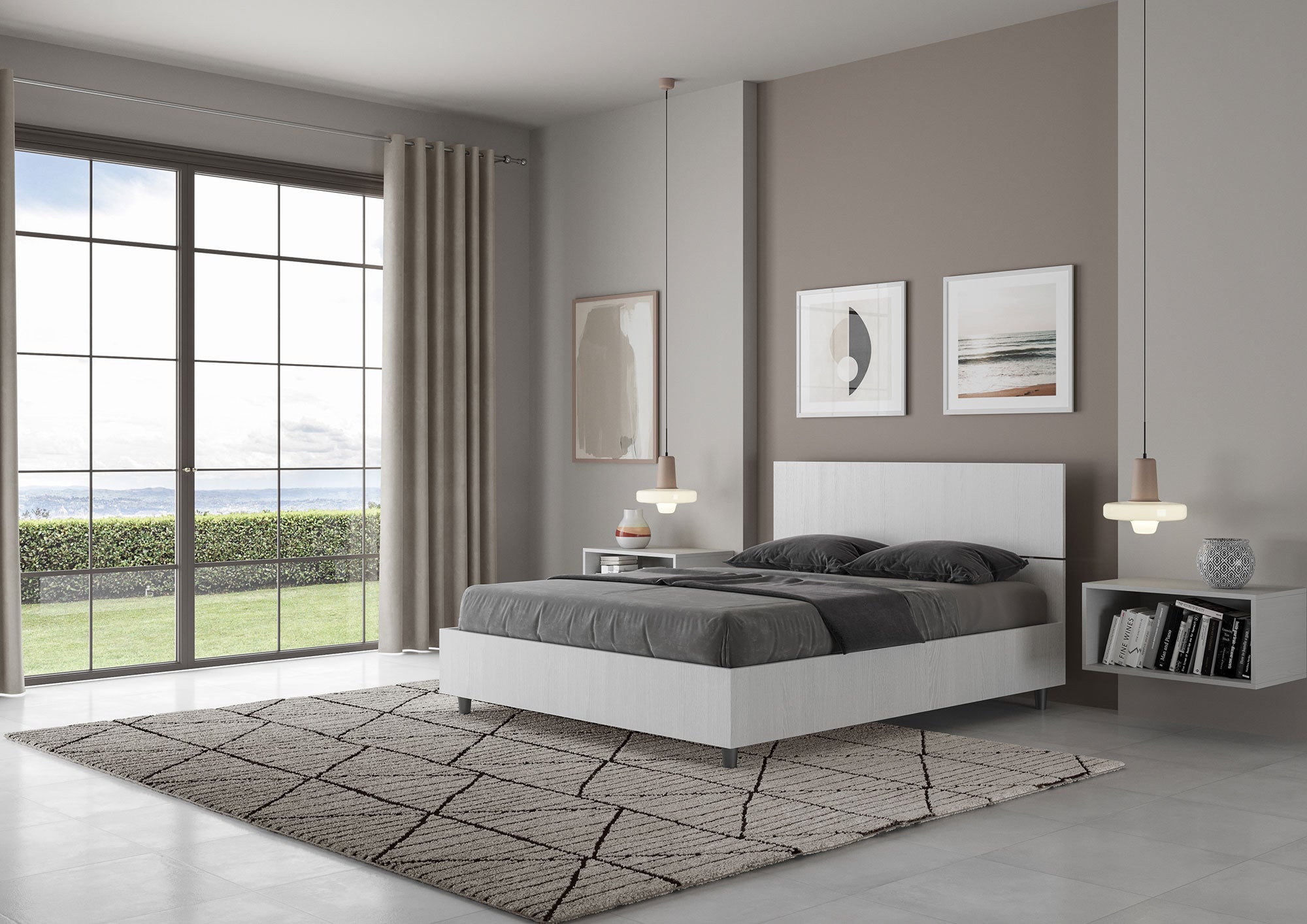 BS COM Letto matrimoniale francese contenitore 140x190 testata dritta bianco frassino