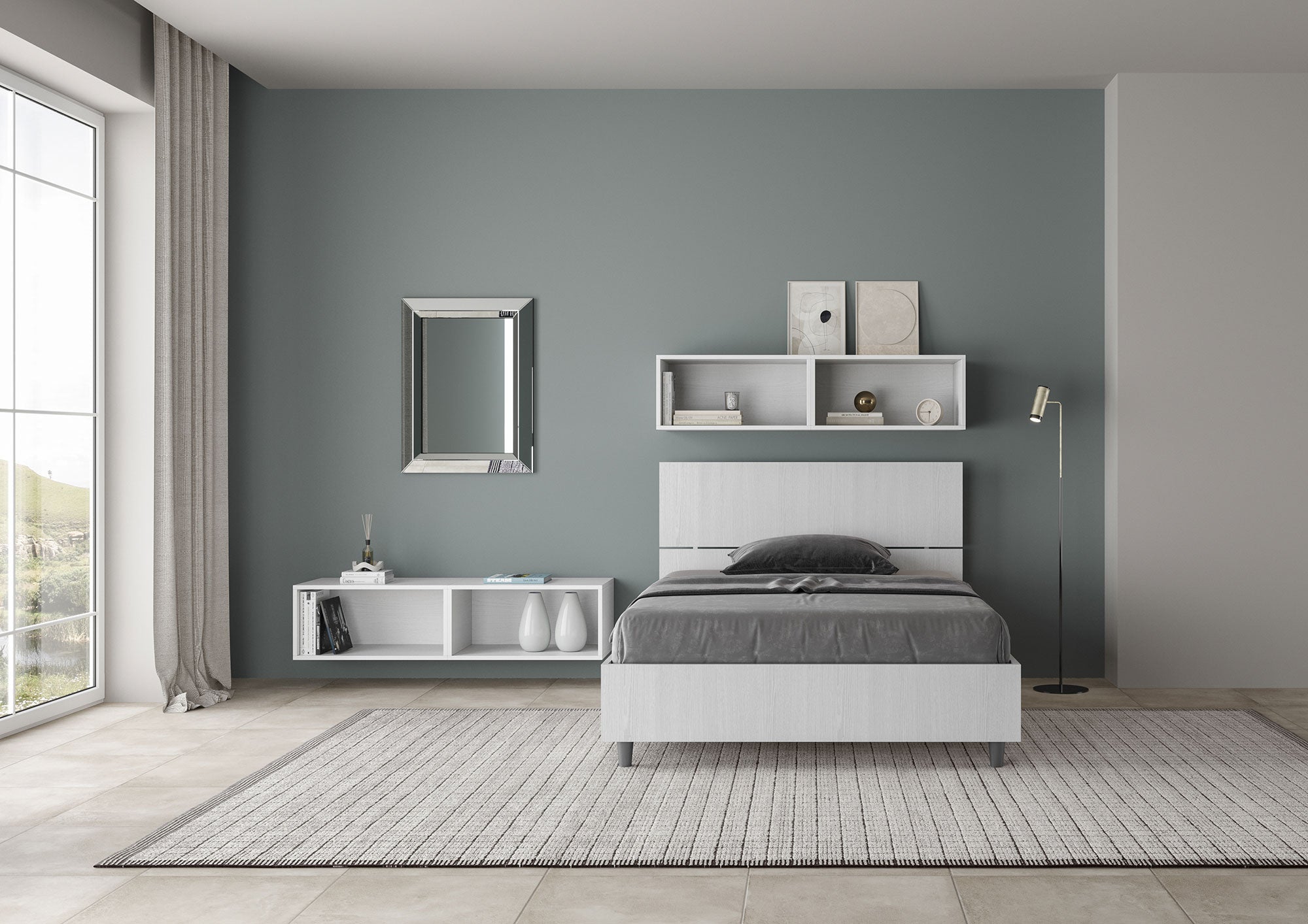 BS COM Letto una piazza e mezza contenitore 120x190 testata dritta bianco frassino