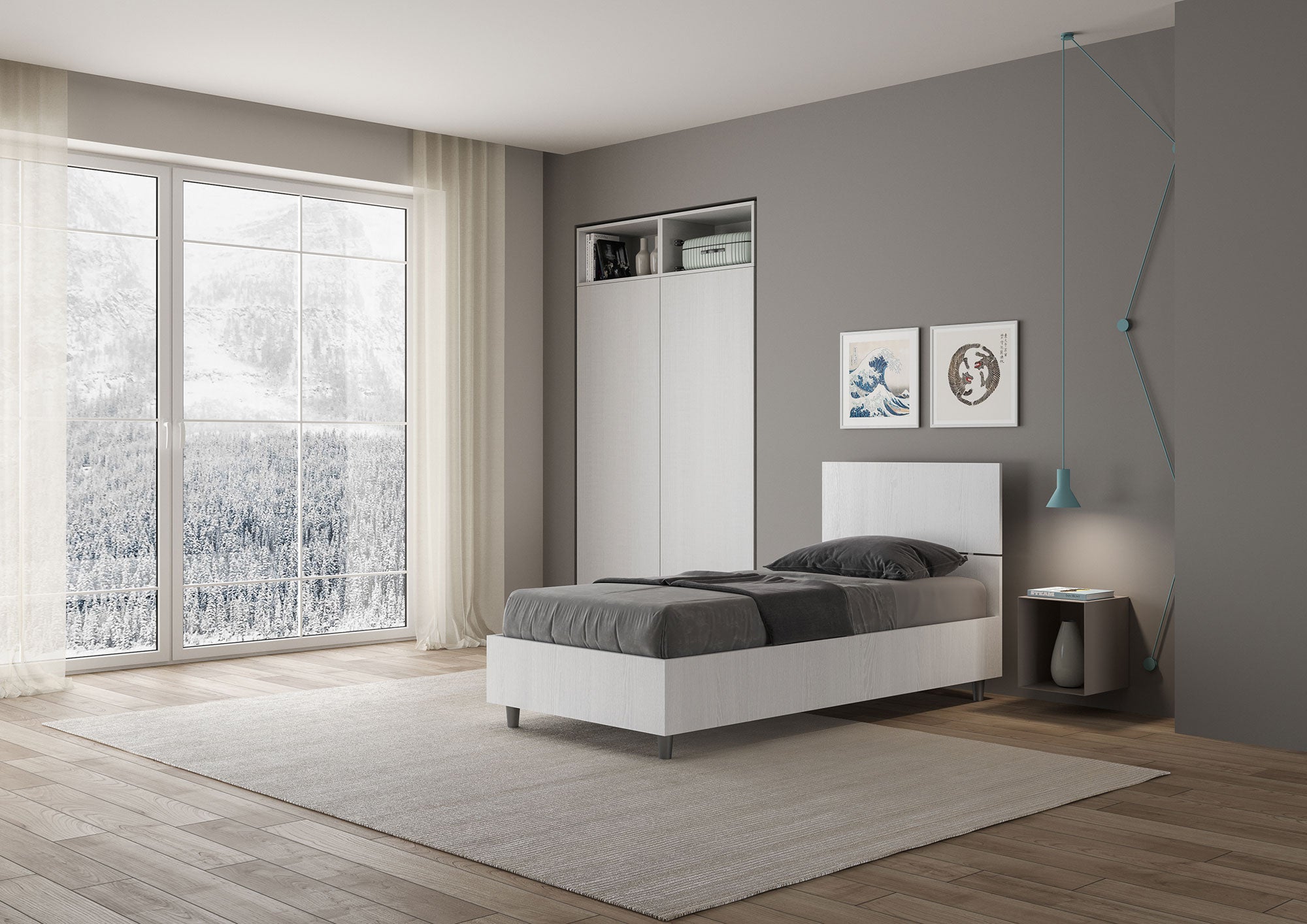 BS COM Letto singolo contenitore 80x200 testata dritta bianco frassino
