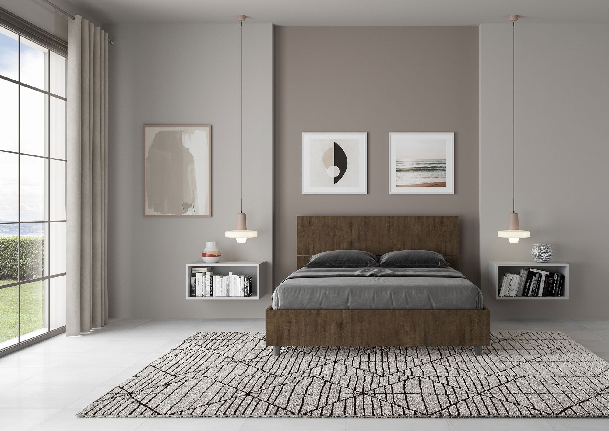 BS COM Letto matrimoniale francese contenitore 140x200 testata inclinata noce