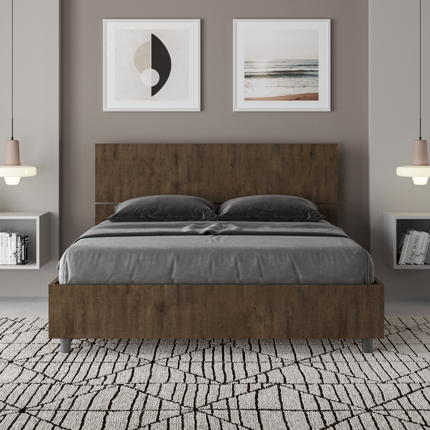 BS COM Letto matrimoniale francese contenitore 140x200 testata inclinata noce