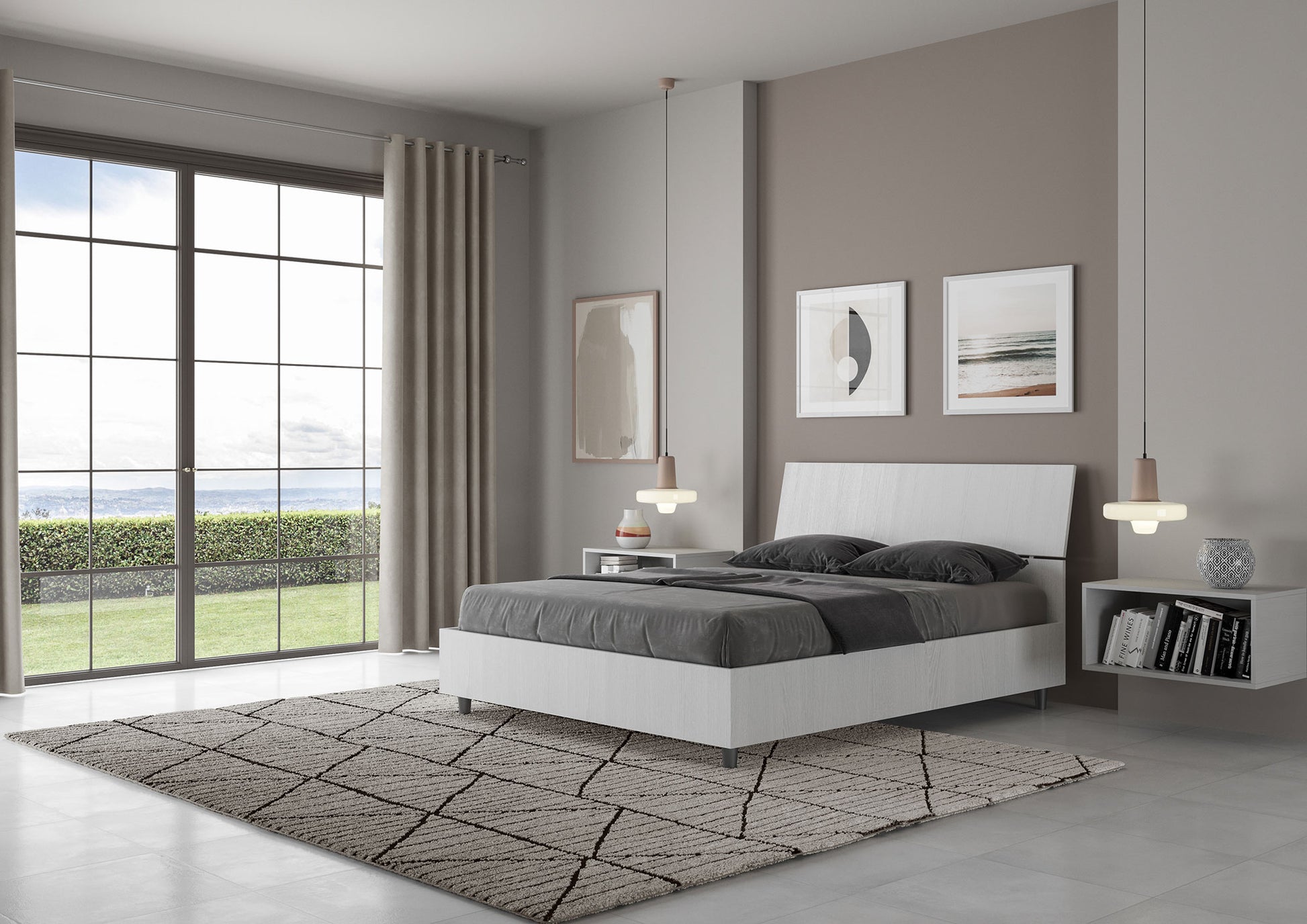 BS COM Letto matrimoniale francese contenitore 140x200 testata inclinata bianco frassino