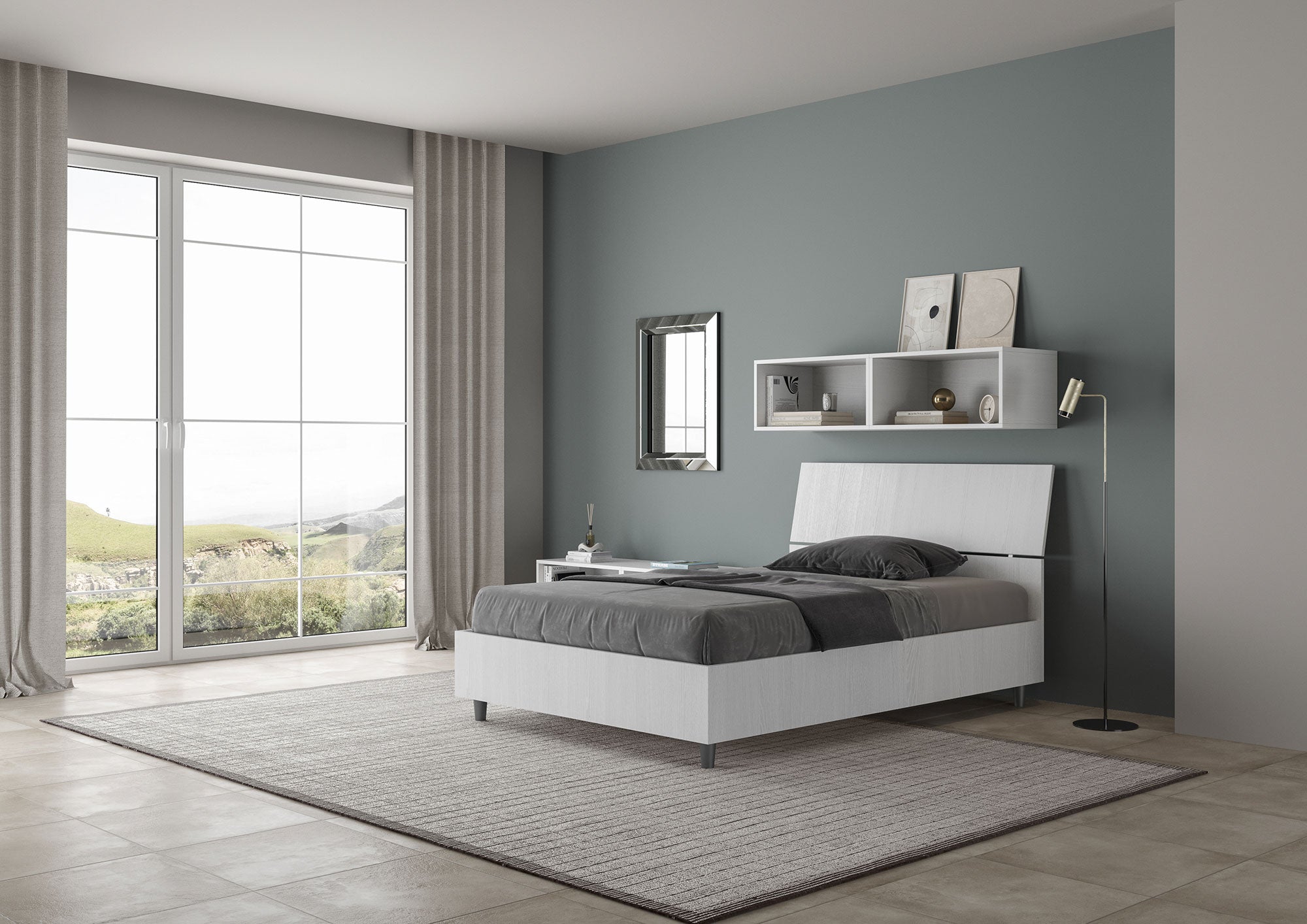 BS COM Letto una piazza e mezza contenitore 120x190 testata inclinata bianco frassino