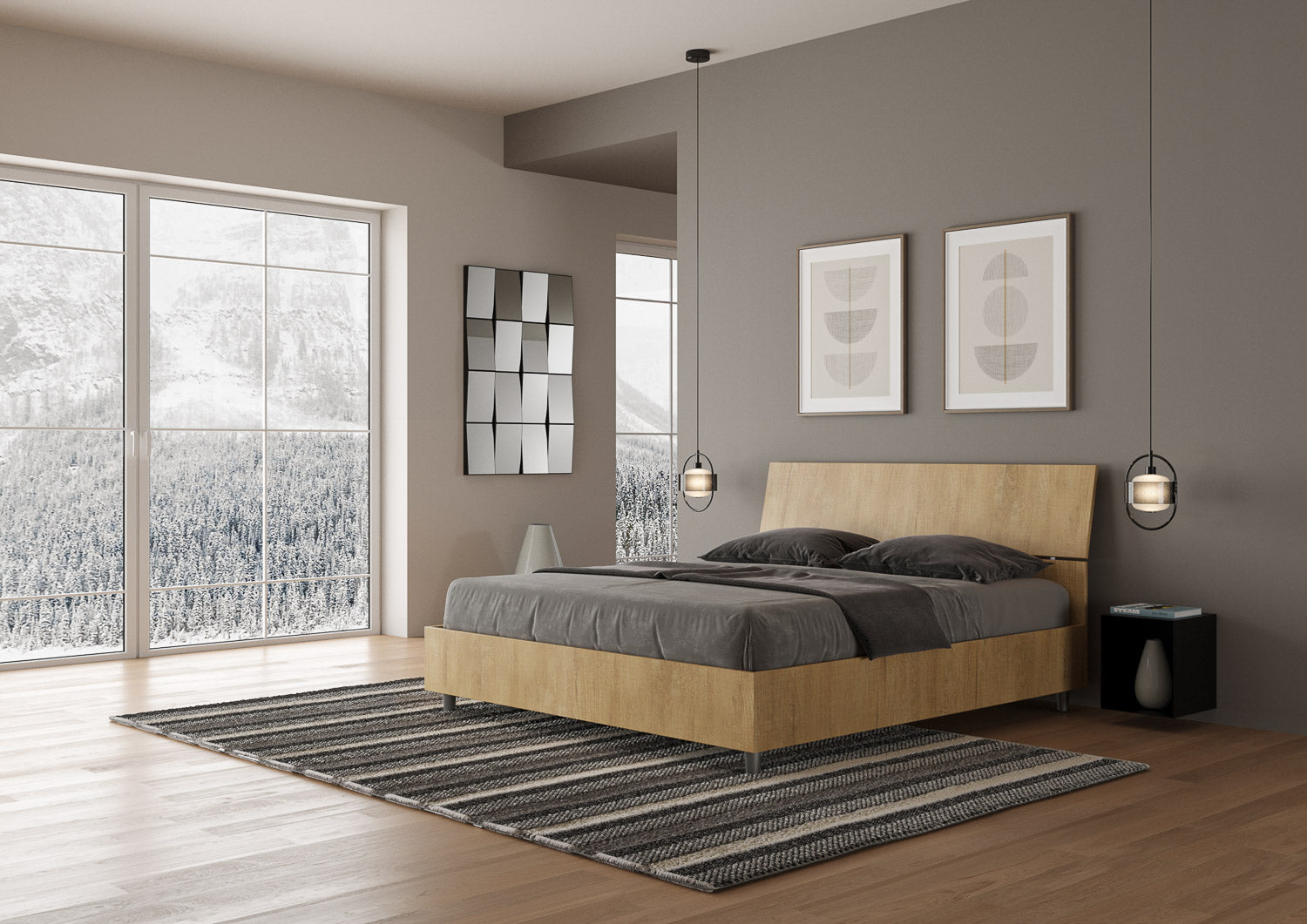 BS COM Letto matrimoniale contenitore 160x200 testata inclinata quercia