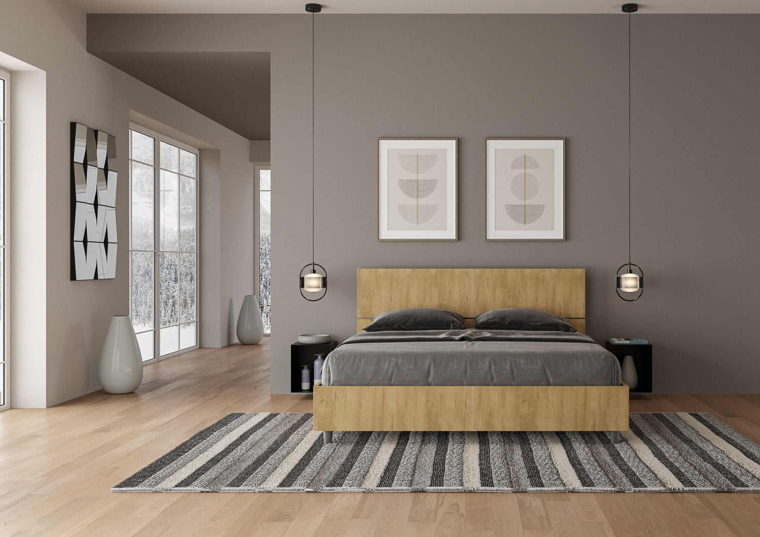 BS COM Letto matrimoniale contenitore doppia alzata 160x190 testata inclinata quercia