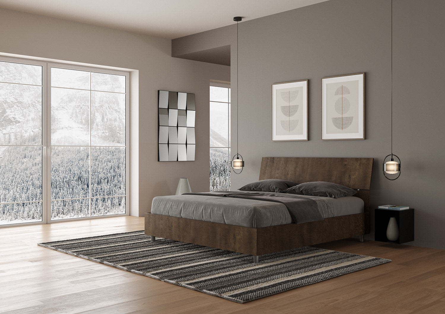 BS COM Letto matrimoniale contenitore doppia alzata 160x190 testata inclinata noce