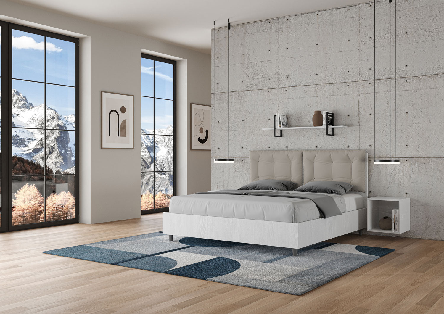 BS COM Letto matrimoniale con rete 160x190 bianco frassino cuscini similpelle tortora