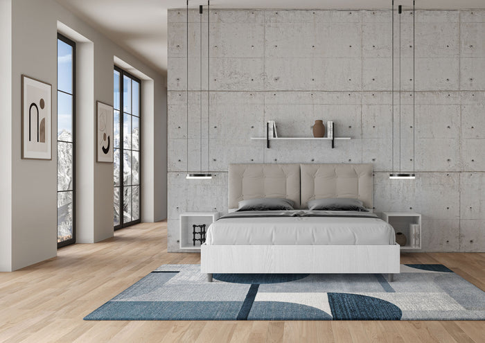 BS COM Letto matrimoniale con rete 160x200 bianco frassino cuscini similpelle tortora