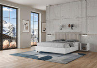 BS COM Letto matrimoniale con rete 160x200 bianco frassino cuscini similpelle tortora