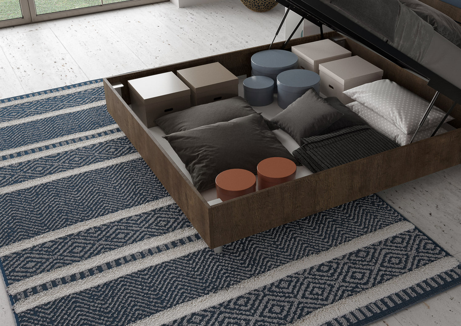 BS COM Letto matrimoniale contenitore 160x190 noce cuscini similpelle cappuccino