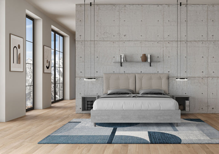 BS COM Letto matrimoniale contenitore 160x200 cemento cuscini similpelle tortora