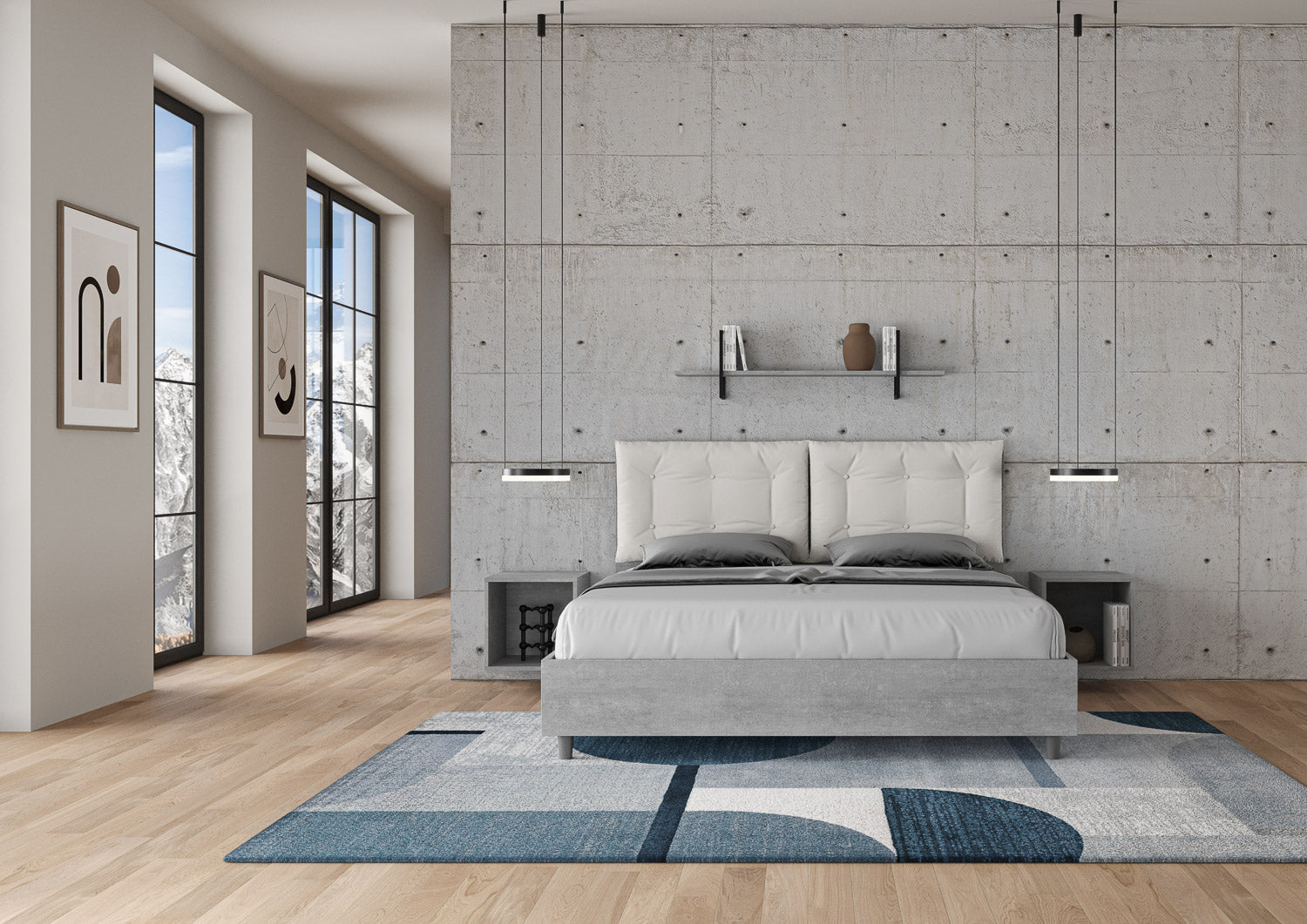 BS COM Letto matrimoniale contenitore 160x200 cemento cuscini similpelle bianco