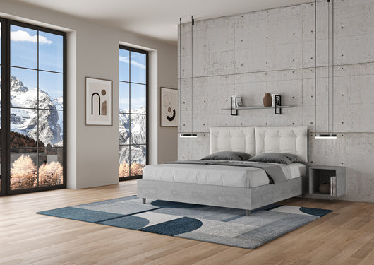 BS COM Letto matrimoniale contenitore 160x200 cemento cuscini similpelle bianco