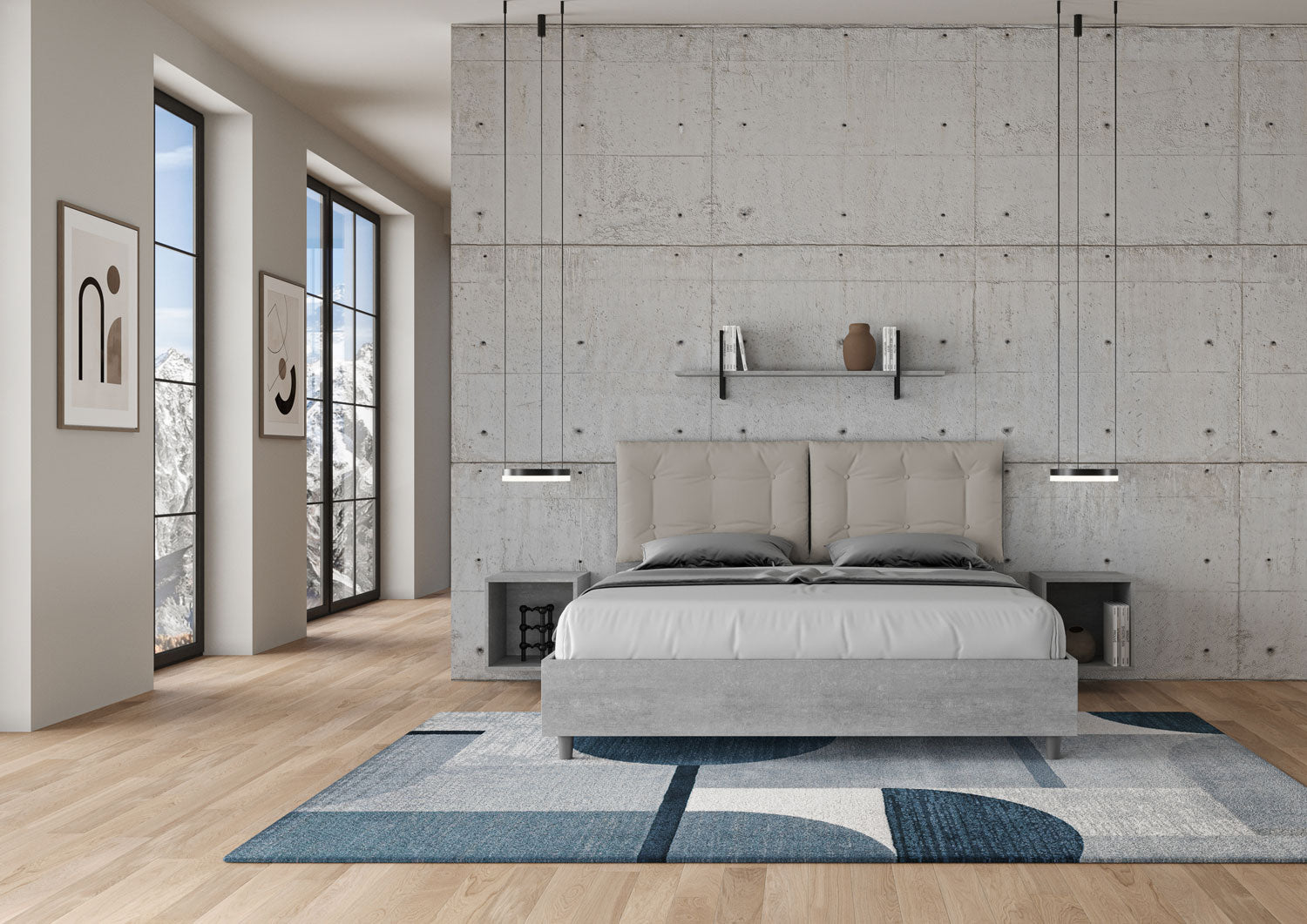 BS COM Letto matrimoniale contenitore 160x190 cemento cuscini similpelle tortora