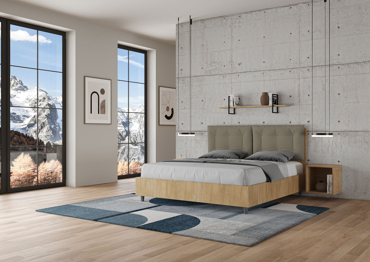 BS COM Letto matrimoniale contenitore 160x200 quercia cuscini similpelle cappuccino