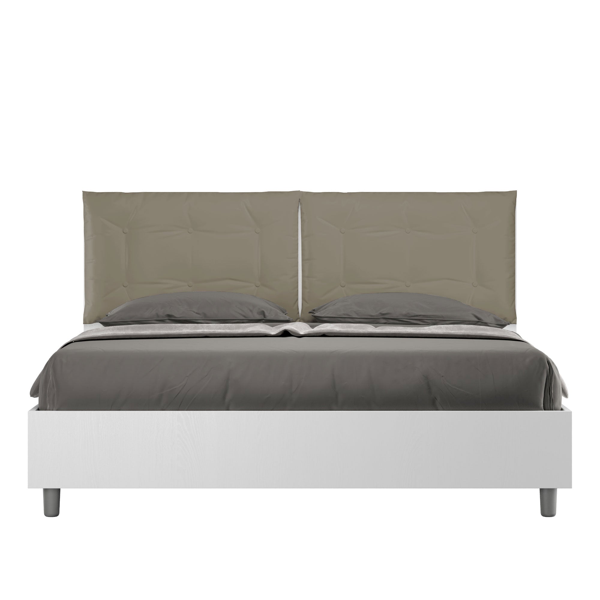 BS COM Letto matrimoniale contenitore doppia alzata 160x190 bianco frassino cuscini similpelle cappuccino