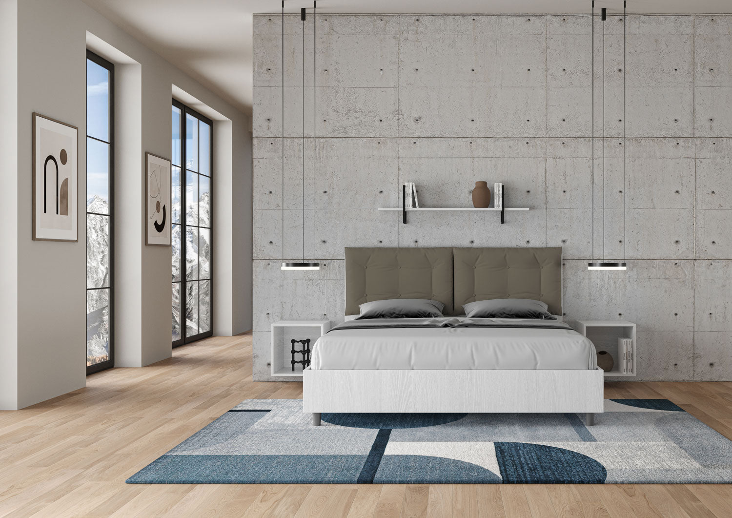 BS COM Letto matrimoniale contenitore doppia alzata 160x190 bianco frassino cuscini similpelle cappuccino