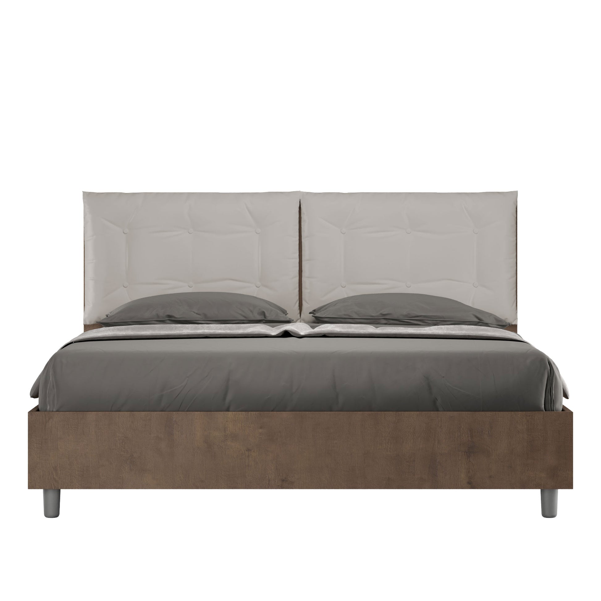 BS COM Letto matrimoniale contenitore doppia alzata 160x200 noce cuscini similpelle tortora