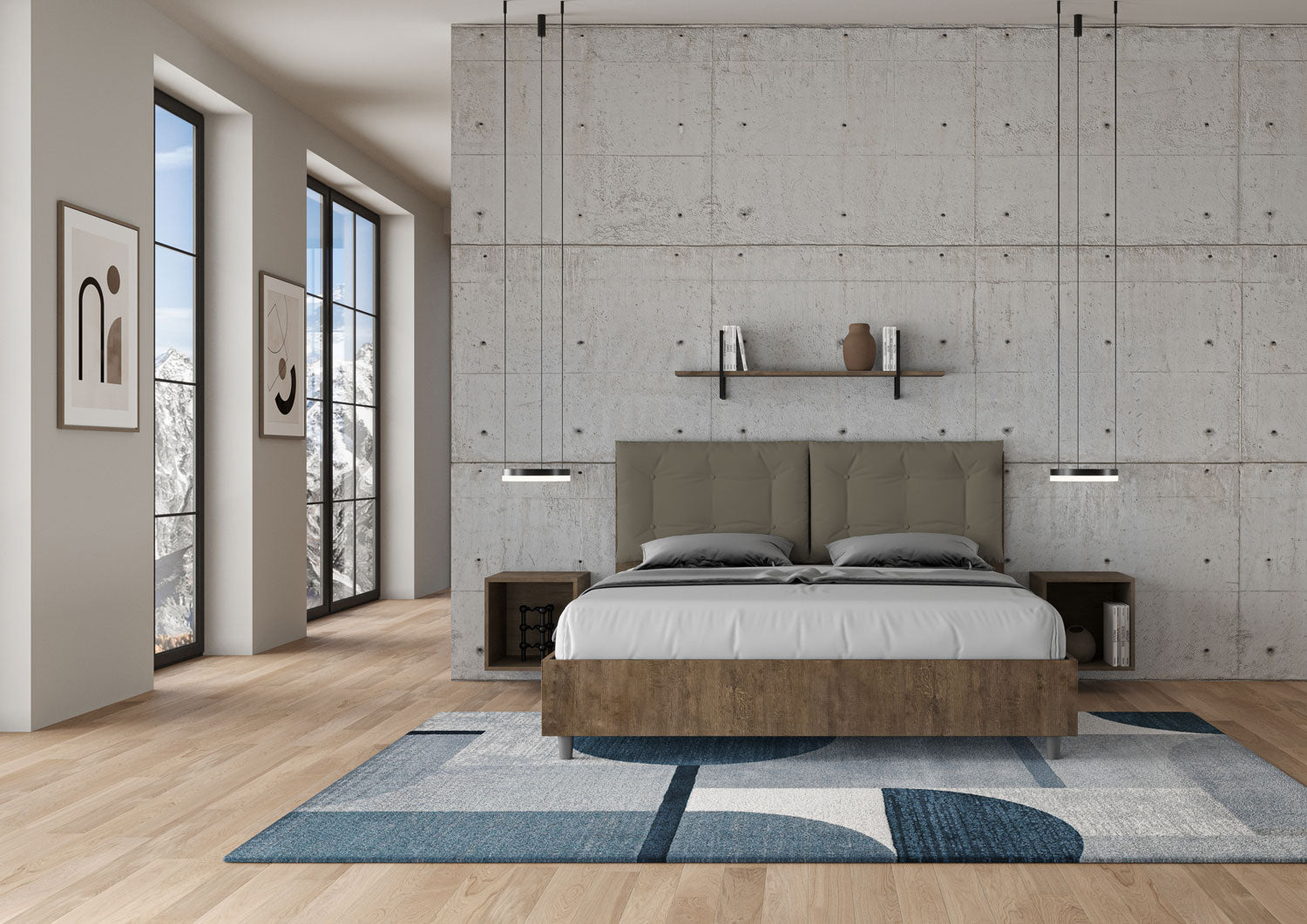 BS COM Letto matrimoniale contenitore doppia alzata 160x190 noce cuscini similpelle cappuccino