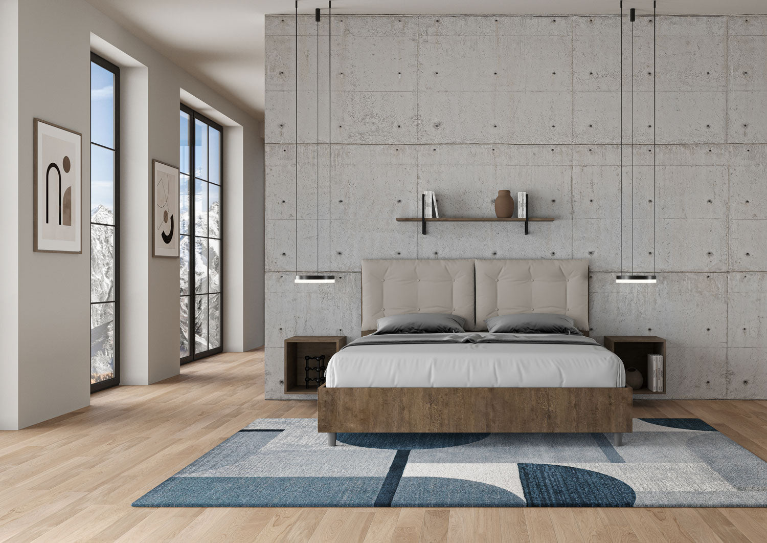 BS COM Letto matrimoniale contenitore doppia alzata 160x190 noce cuscini similpelle tortora
