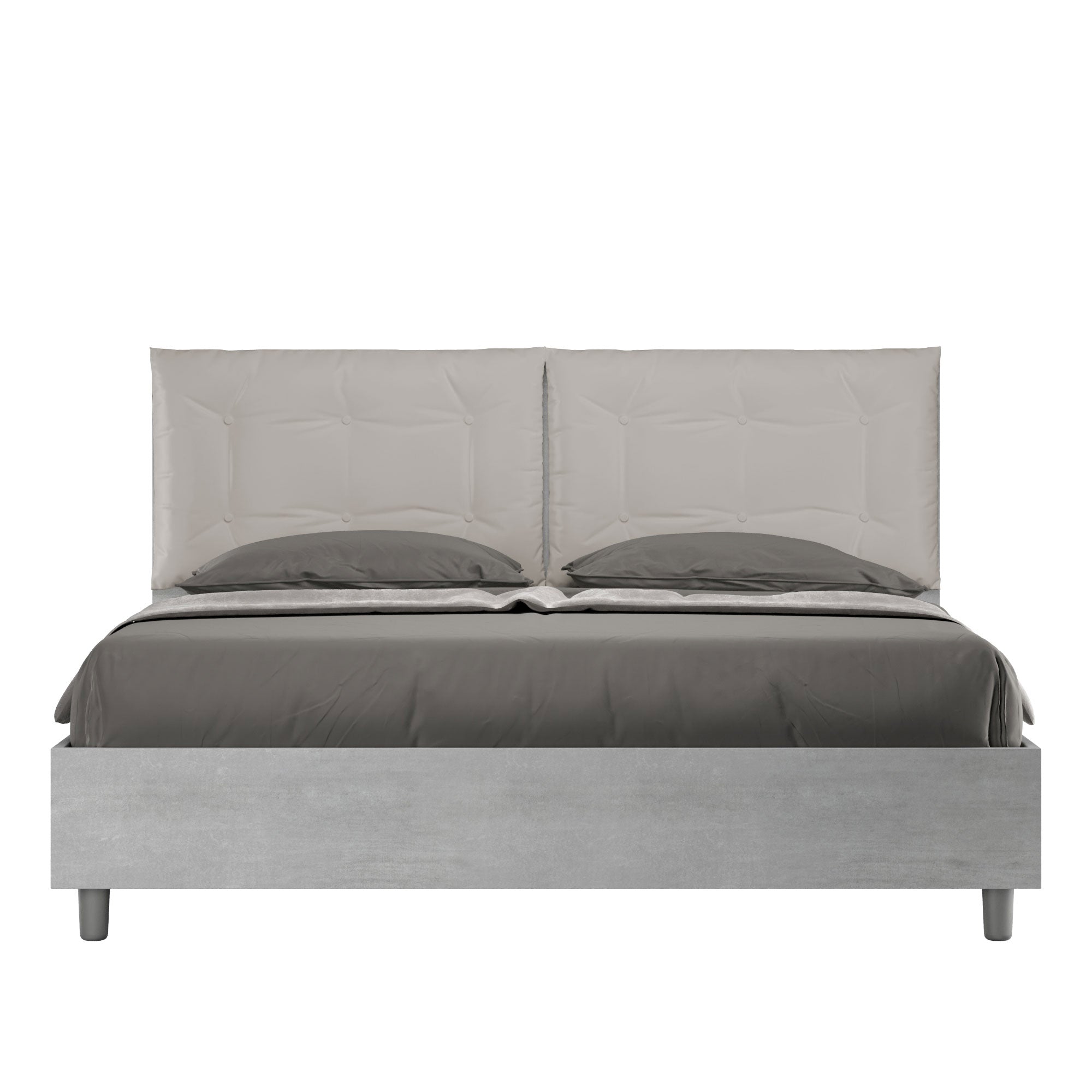 BS COM Letto matrimoniale contenitore doppia alzata 160x190 cemento cuscini similpelle tortora