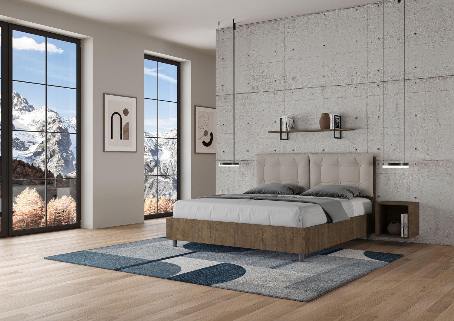 BS COM Letto matrimoniale contenitore doppia alzata 160x190 noce cuscini similpelle tortora