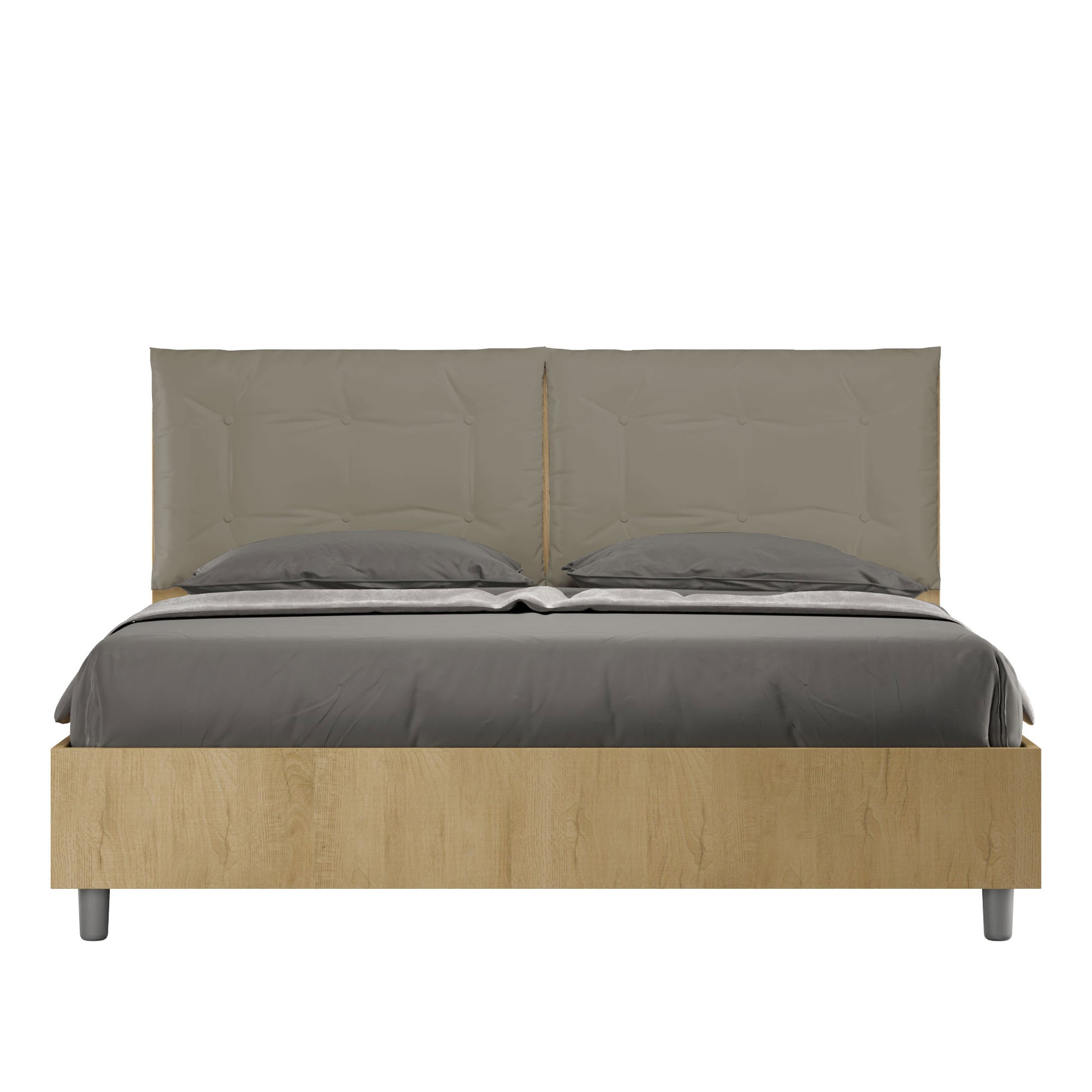 BS COM Letto matrimoniale contenitore doppia alzata 160x190 quercia cuscini similpelle cappuccino