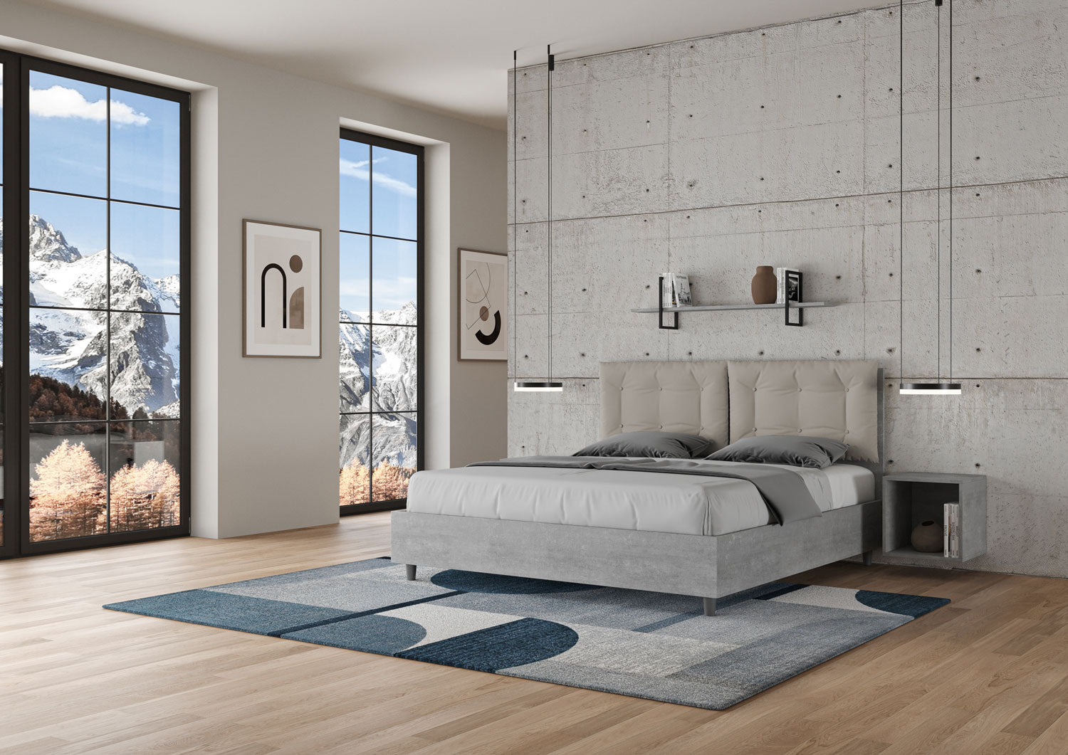 BS COM Letto matrimoniale contenitore doppia alzata 160x190 cemento cuscini similpelle tortora