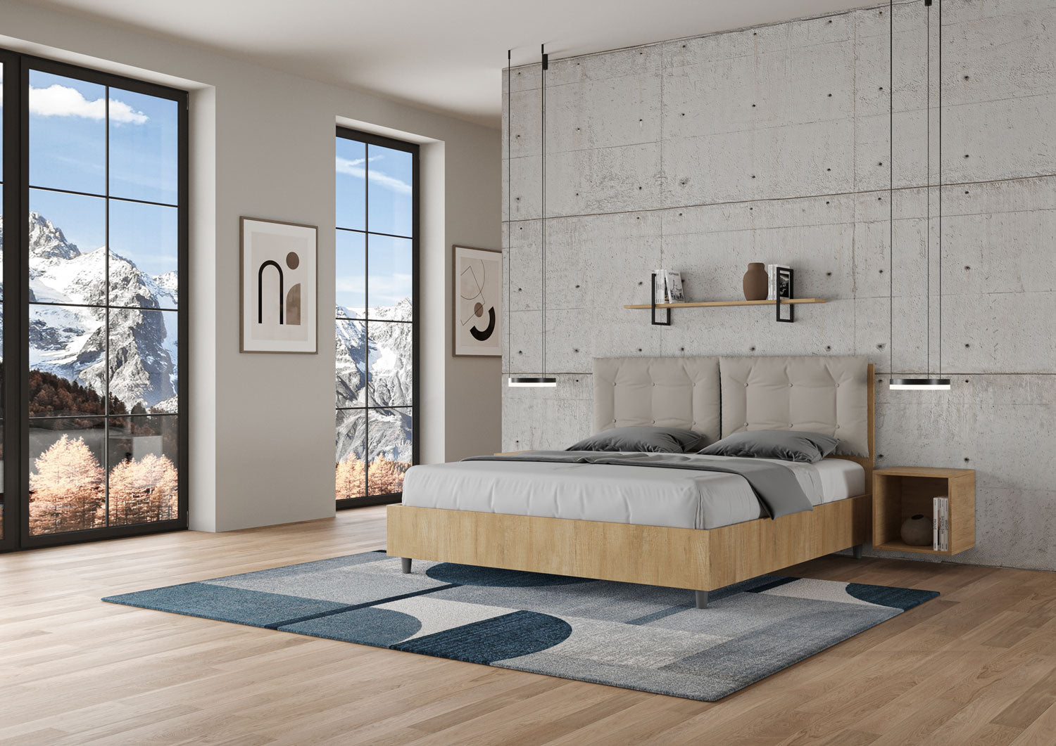 BS COM Letto matrimoniale contenitore doppia alzata 160x200 quercia cuscini similpelle tortora
