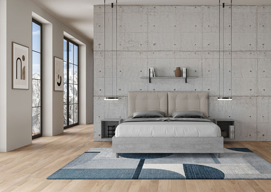 BS COM Letto matrimoniale contenitore doppia alzata 160x200 cemento cuscini similpelle tortora