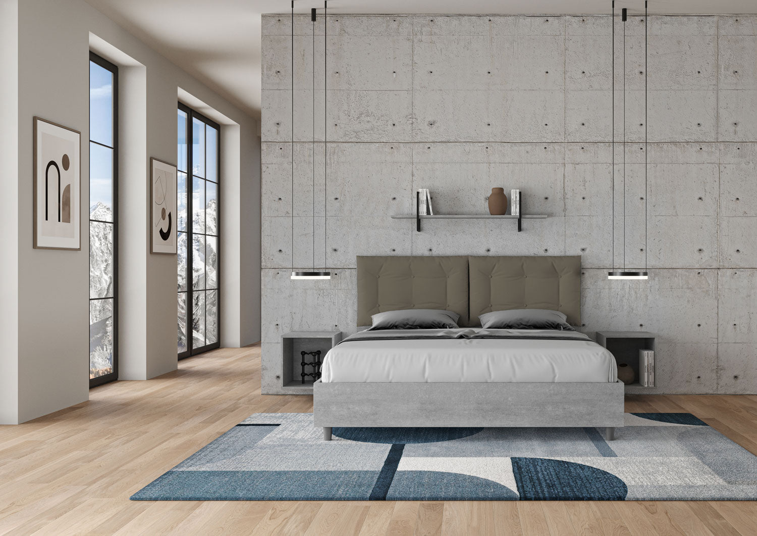 BS COM Letto matrimoniale contenitore doppia alzata 160x200 cemento cuscini similpelle cappuccino