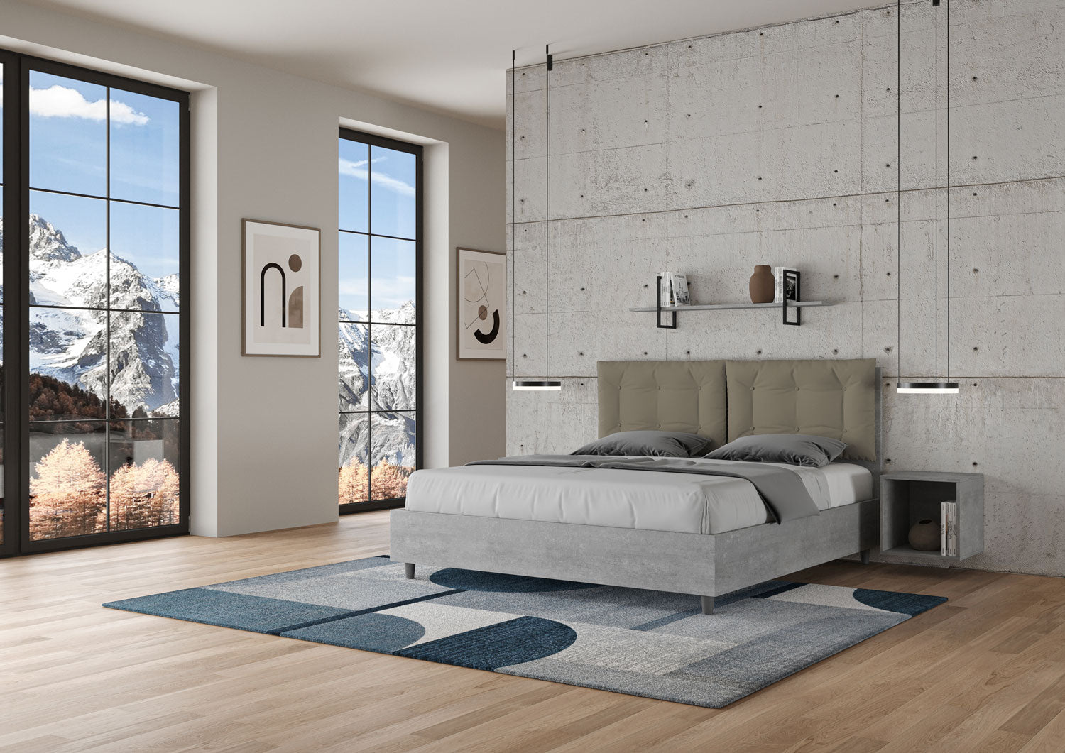BS COM Letto matrimoniale contenitore doppia alzata 160x200 cemento cuscini similpelle cappuccino