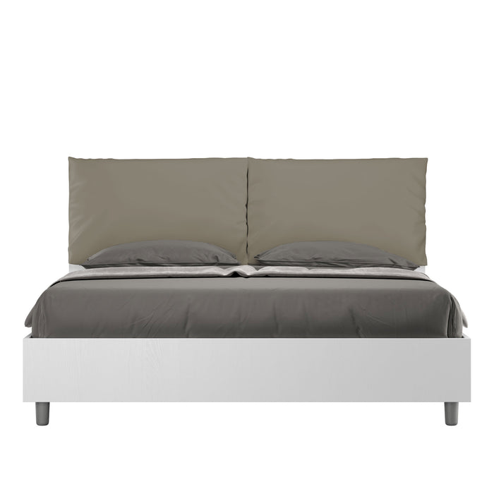 BS COM Letto matrimoniale con rete 160x190 bianco frassino cuscini similpelle cappuccino