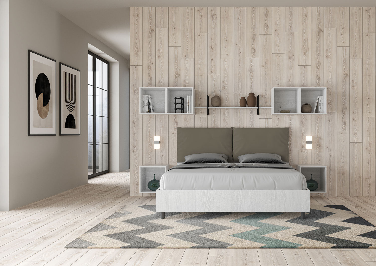 BS COM Letto matrimoniale con rete 160x190 bianco frassino cuscini similpelle cappuccino