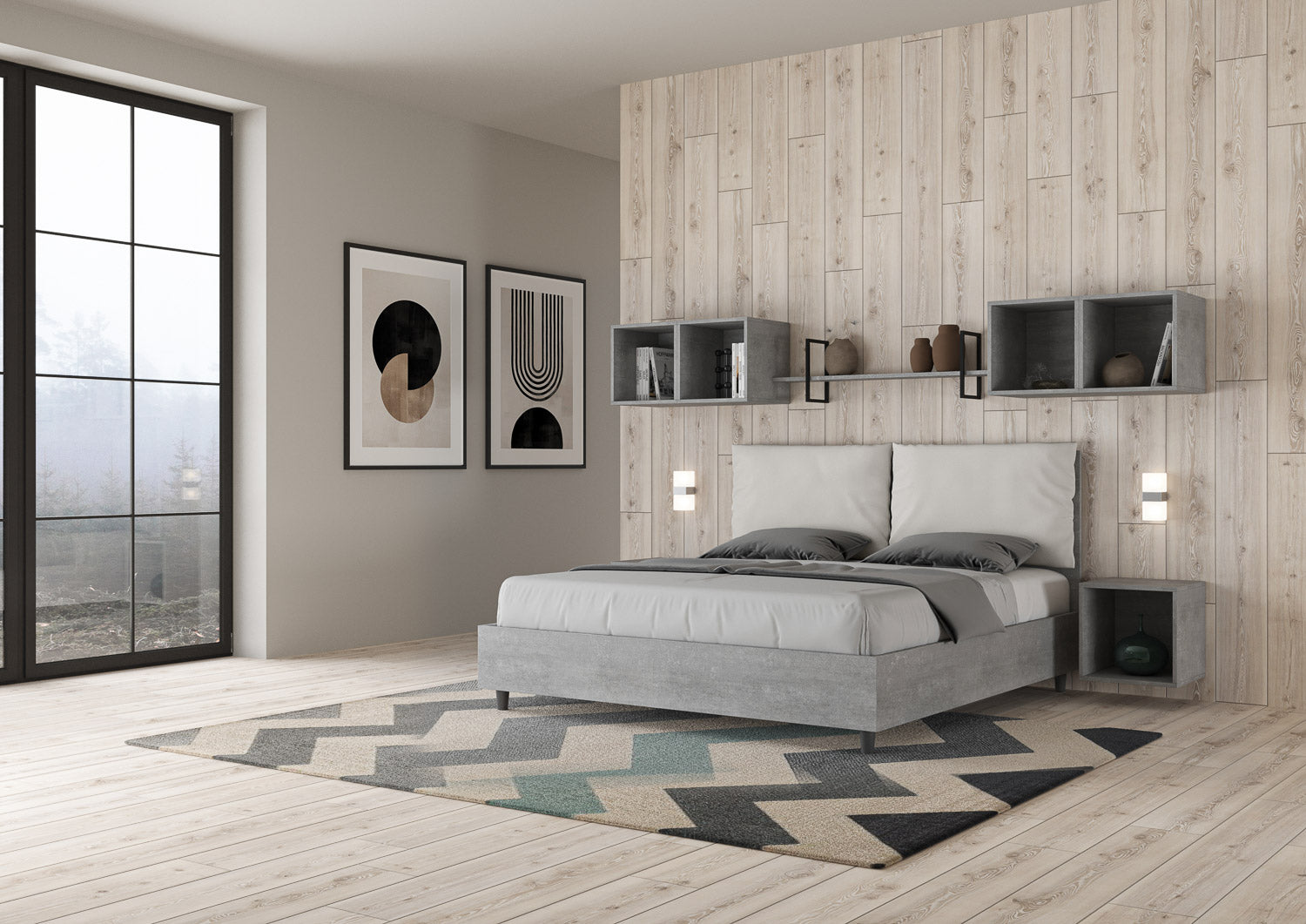 BS COM Letto matrimoniale contenitore 160x190 Cemento cuscini similpelle bianco