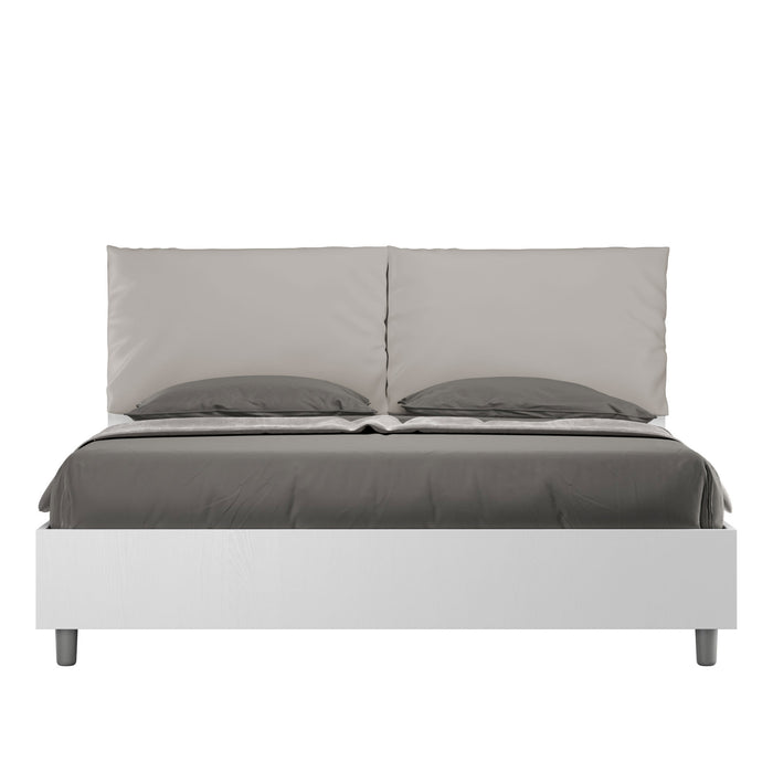 BS COM Letto matrimoniale contenitore doppia alzata 160x200 bianco frassino cuscini similpelle tortora