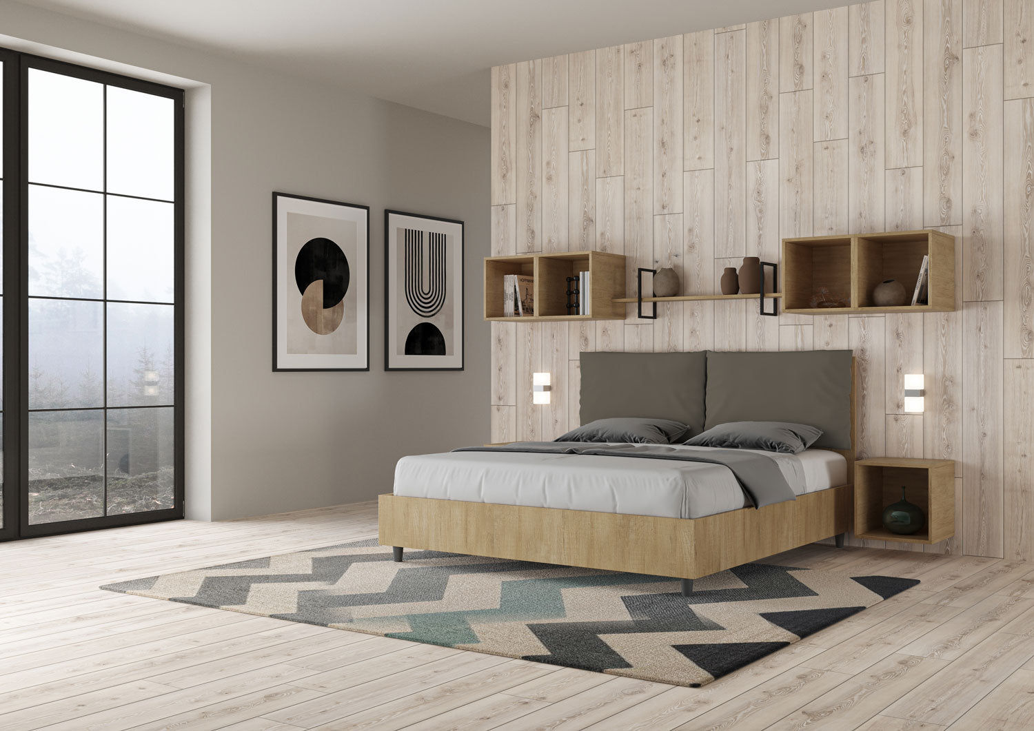BS COM Letto matrimoniale contenitore 160x200 Quercia cuscini similpelle cappuccino