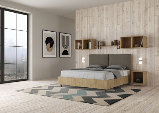 BS COM Letto matrimoniale contenitore 160x200 Quercia cuscini similpelle cappuccino
