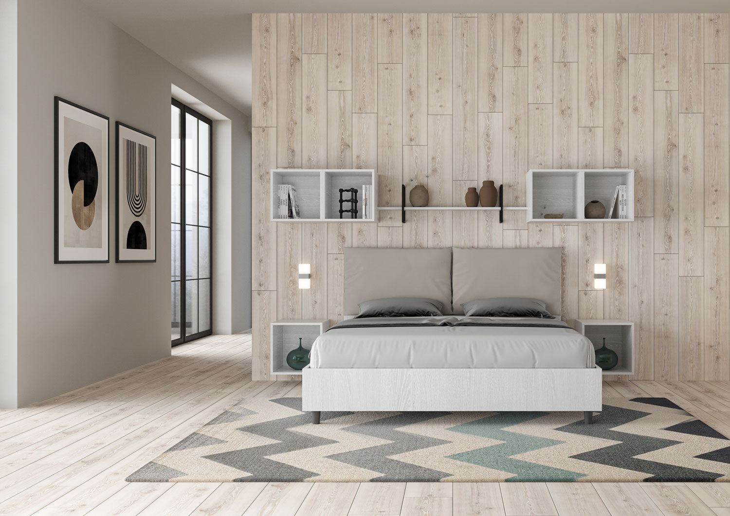 BS COM Letto matrimoniale contenitore doppia alzata 160x200 bianco frassino cuscini similpelle tortora