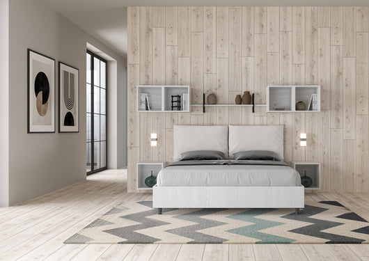 BS COM Letto matrimoniale contenitore 160x190 bianco frassino cuscini similpelle bianco