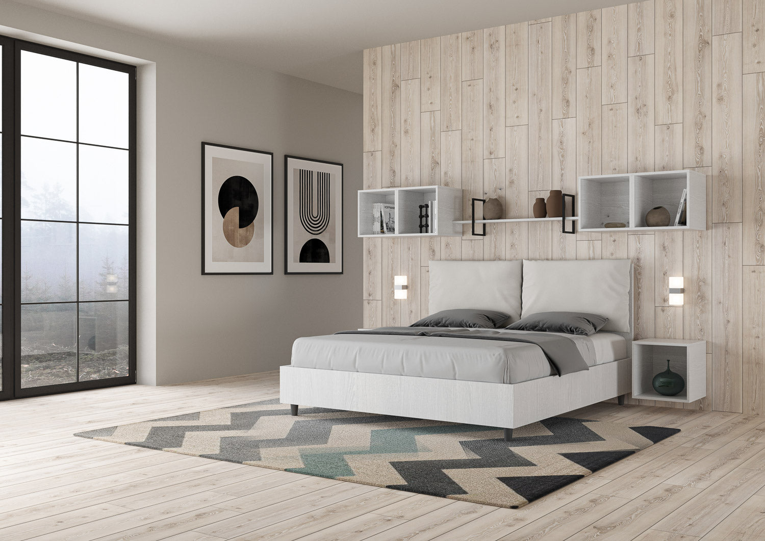 BS COM Letto matrimoniale contenitore 160x190 bianco frassino cuscini similpelle bianco